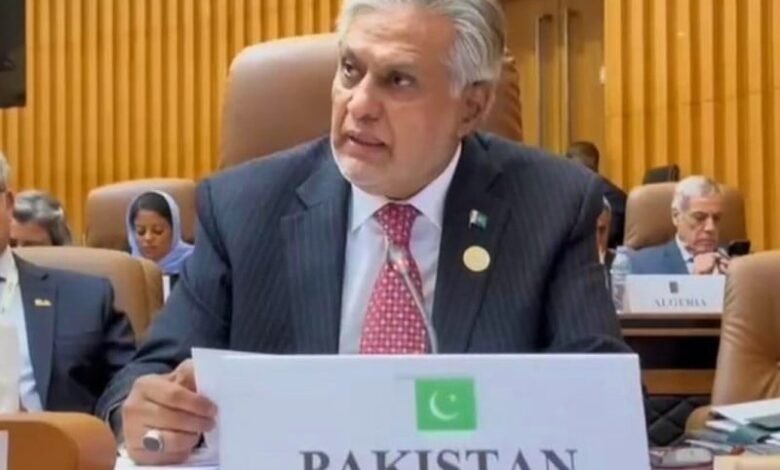 deputy prime minister and foreign minister senator ishaq dar addressing the 15th oic islamic summit conference in banjul on may 5 2024 photo pid