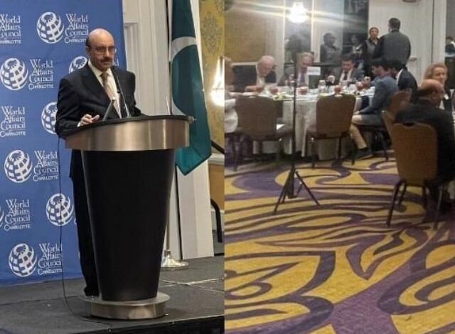 ambassador masood khan addressing ambassador circle series organized by world affairs council of charlotte north carolina on 25th april 2024 photo express tribune