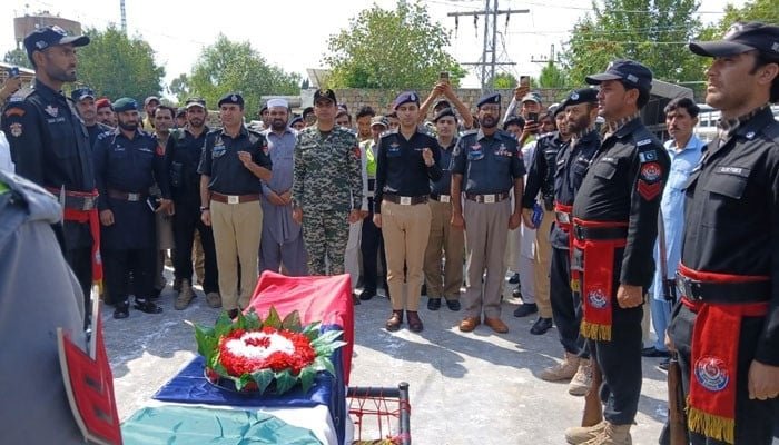 funeral prayer offered for policeman martyred in kurram attack on august 25 2024 courtesy geo